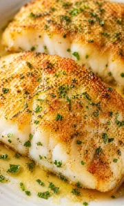 Final plated Crispy Baked Cod That’s Perfectly Golden and Flaky served as a hero shot