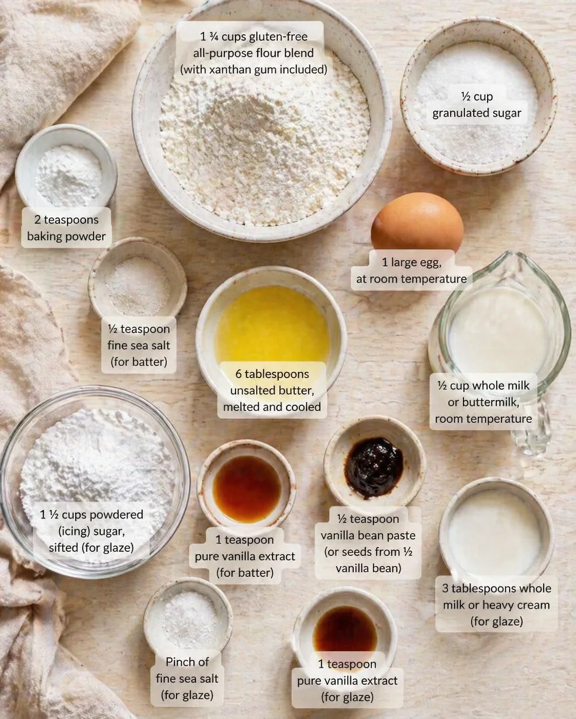 ingredients-placeholder.png Measured ingredients arranged for Foolproof Baked Gluten Free Vanilla Cake: 1 ¾ cups gluten-free all-purpose flour blend (with xanthan gum included), ½ cup granulated sugar, 2 teaspoons baking powder, ½ teaspoon fine sea
