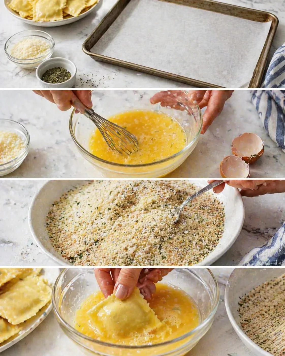 Baking sheet lined with parchment, whisked eggs, breadcrumb-Parmesan bowl, ravioli being dipped in egg