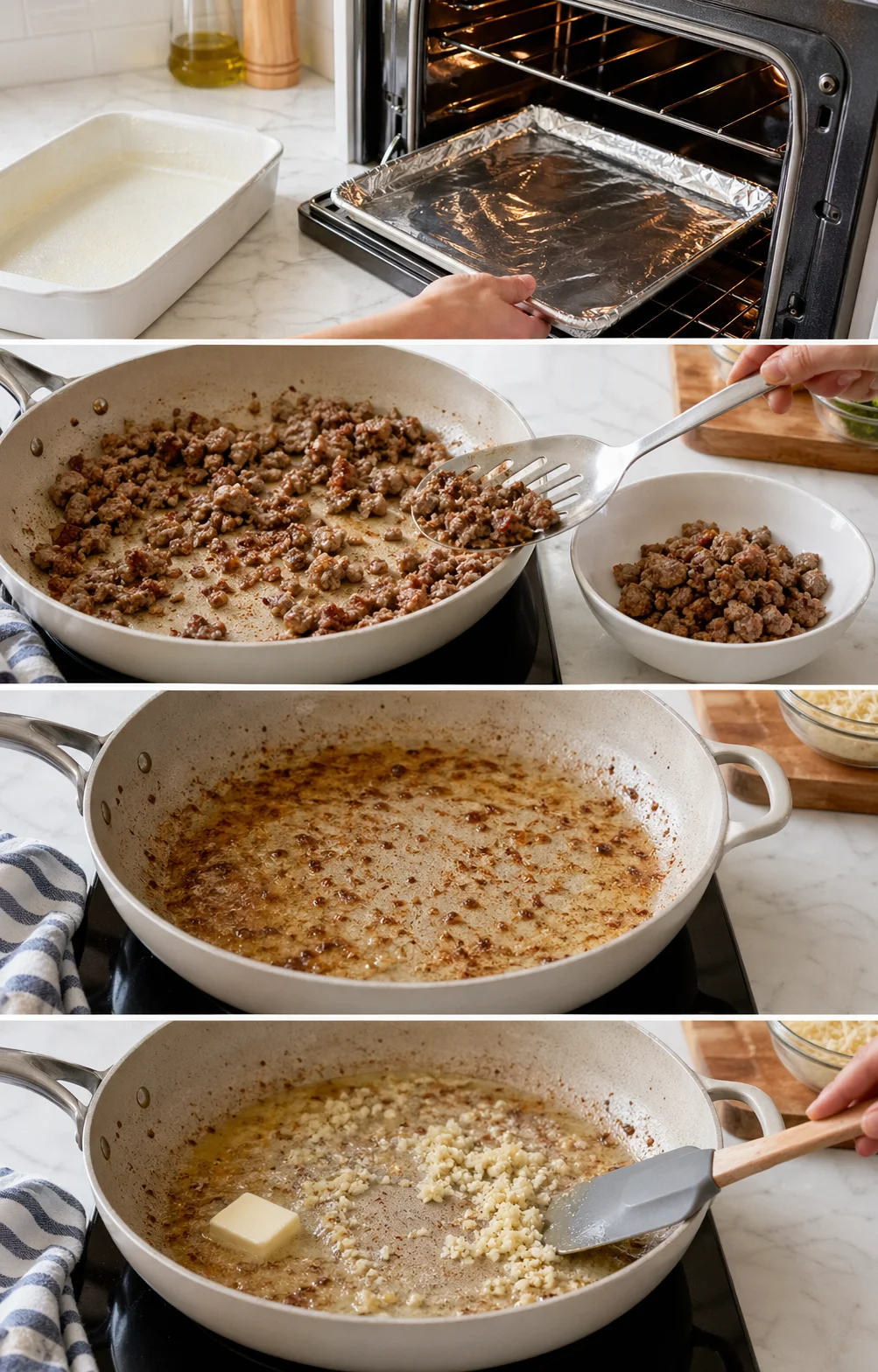 Sprayed casserole dish beside skillet with sausage drippings, butter melting, garlic sizzling.