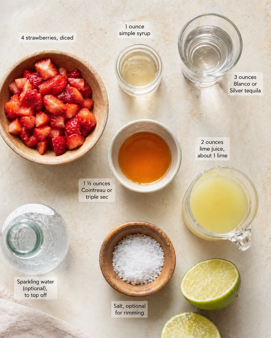 Measured ingredients arranged for Strawberry Margarita on the Rocks - SO GOOD!: 4 strawberries, diced, 1 ounce simple syrup, 3 ounces Blanco or Silver tequila, 1 ½ ounces Cointreau or triple sec, 2 ounces lime juice, abo