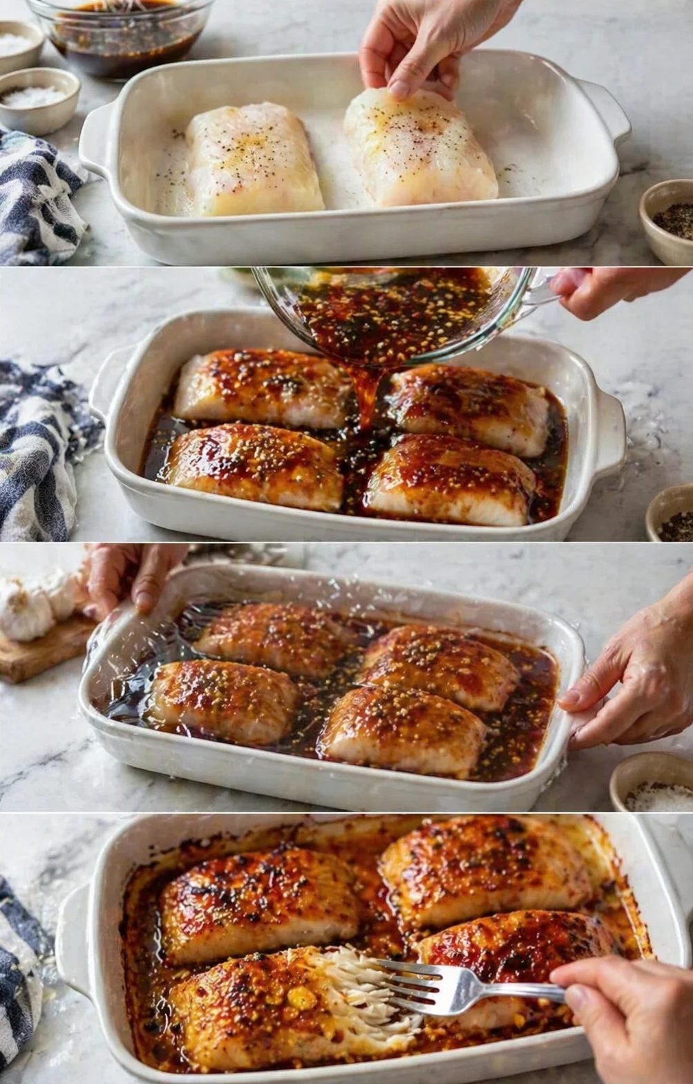 Cod fillets arranged in shallow baking dish as glossy honey-soy marinade is poured over.