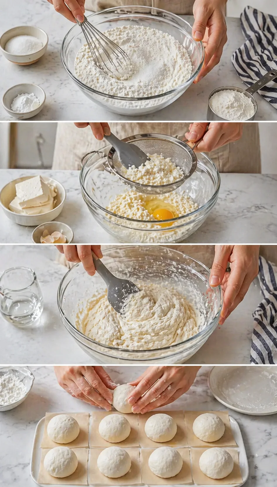 Hands whisk dry flours and sugar; silken tofu pressed, mixed with egg; dough divided into eight balls on parchment.