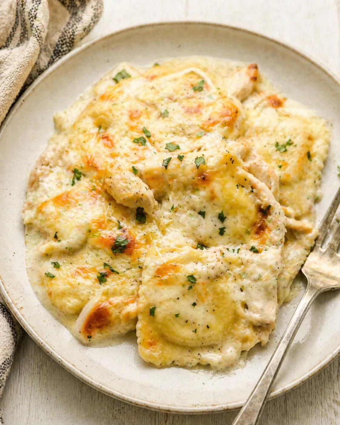 variations-placeholder.png Single plated variation of Cheesy Alfredo Ravioli Casserole shown in a natural kitchen scene