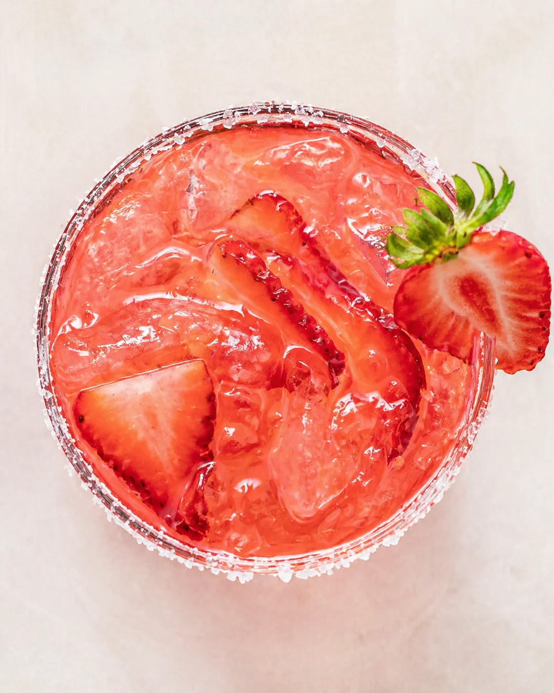 Straight-down overhead view of Strawberry Margarita on the Rocks - SO GOOD!