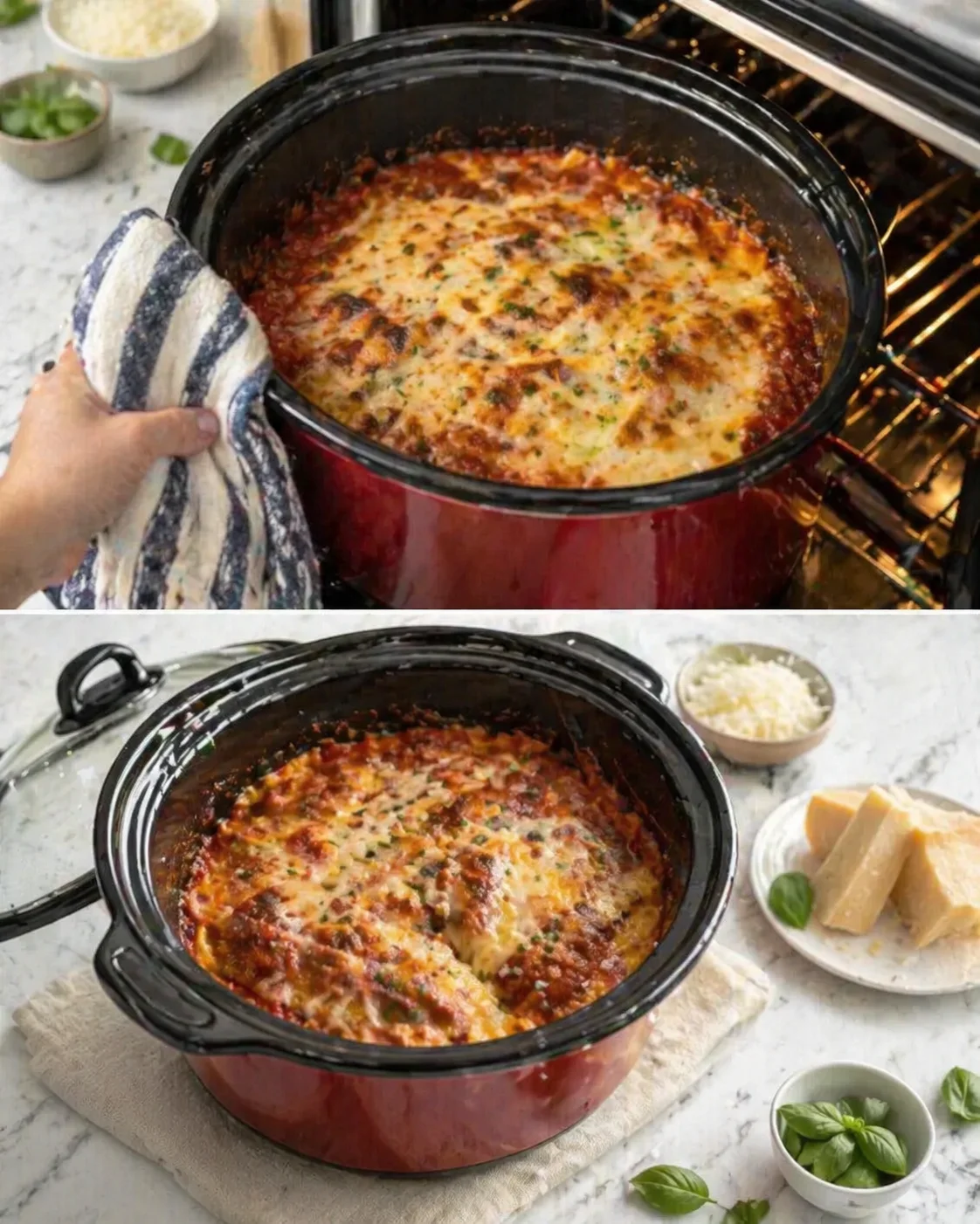 step-process-placeholder-13-14.png Golden-brown bubbly cheese topping on lasagna as it rests after broiling