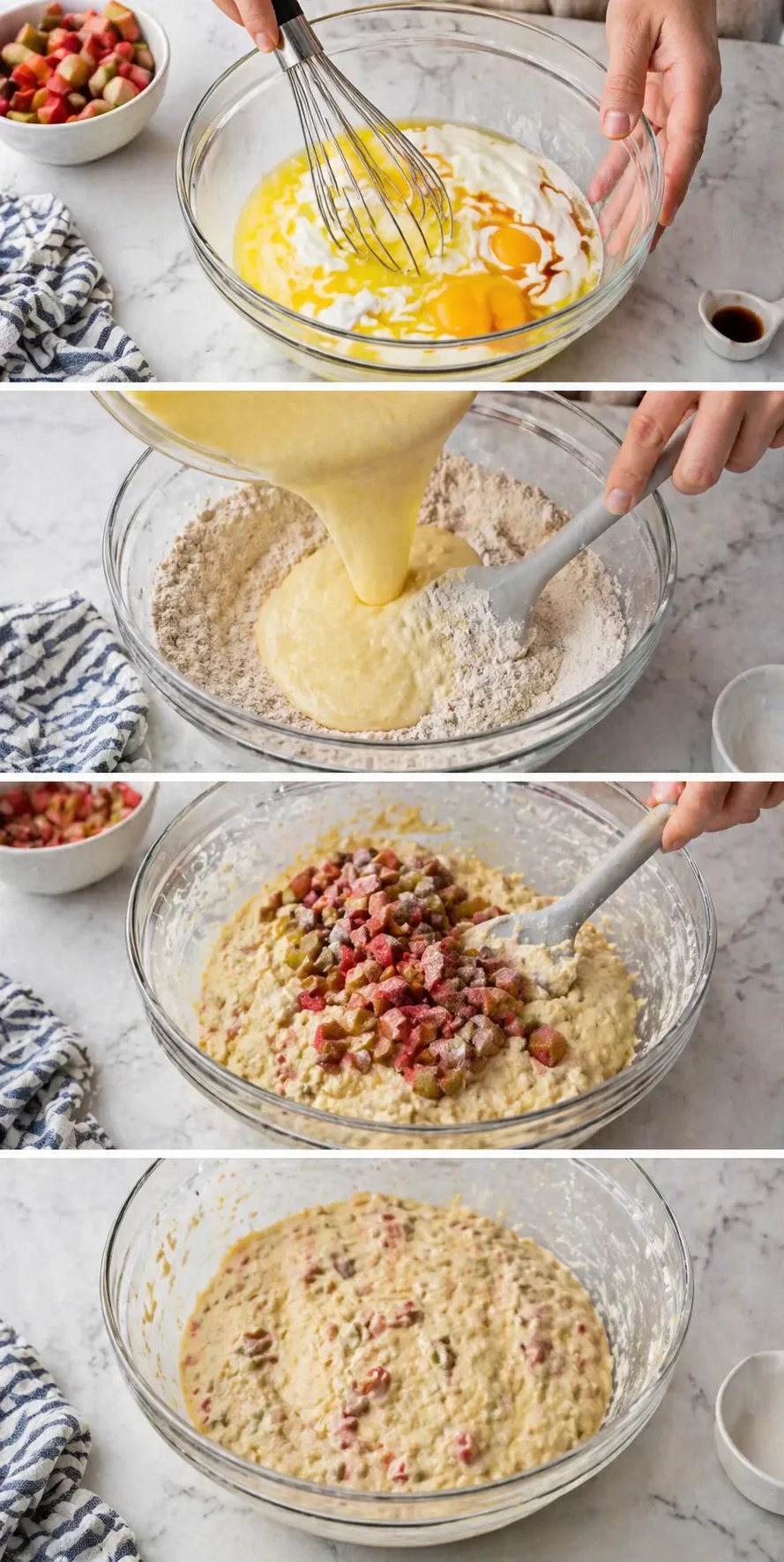 Bowl of batter with spatula folding in diced rhubarb, batter resting.