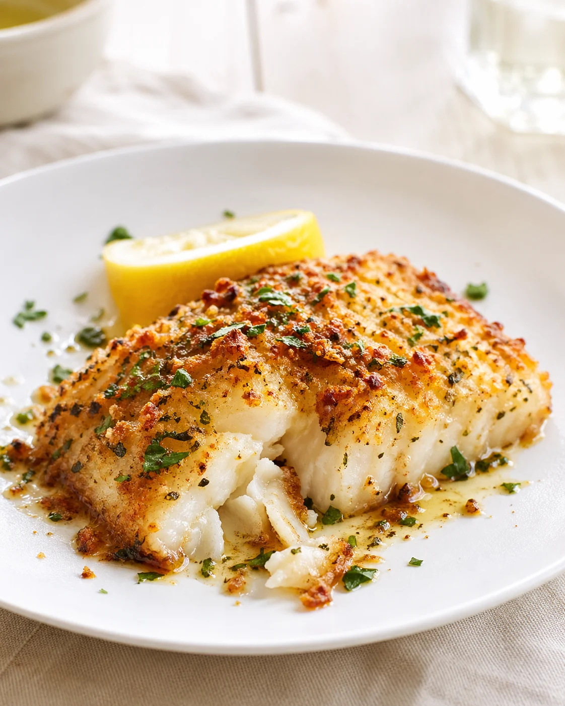 Single plated variation of Crispy Baked Cod That’s Perfectly Golden and Flaky shown in a natural kitchen scene