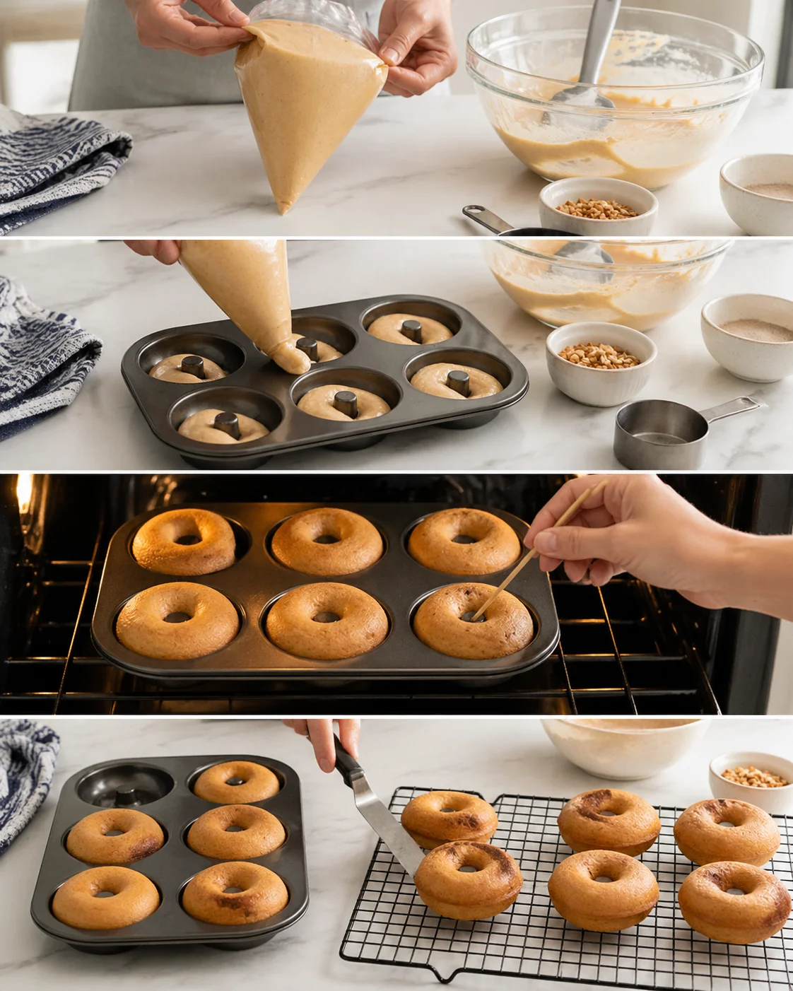 step-process-placeholder-5-8.png Piping bag fills donut pan cavities; baked golden donuts cooling on a wire rack nearby.