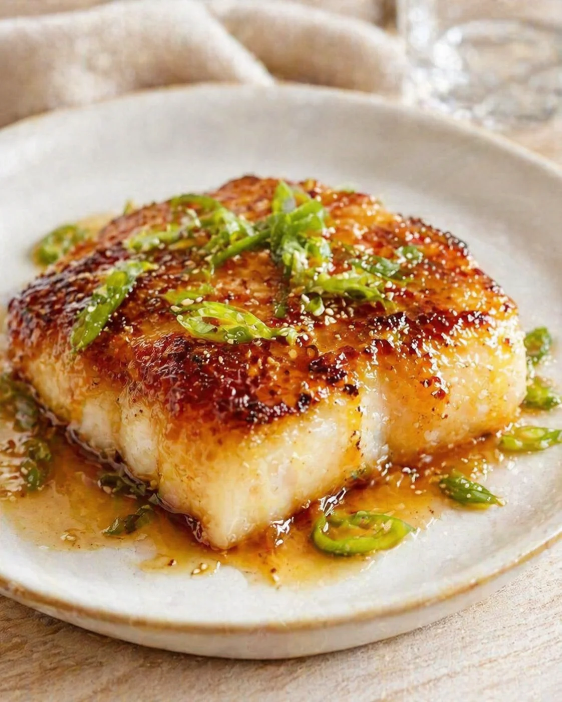 Single plated variation of Baked Cod with Honey Soy Marinade shown in a natural kitchen scene