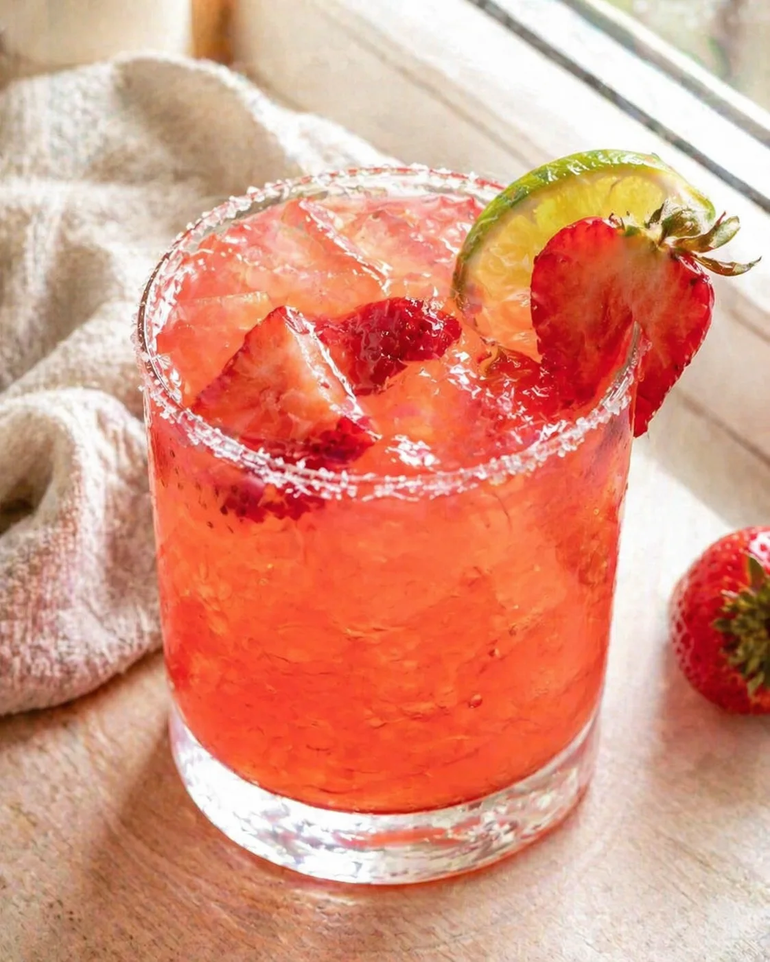 Single plated variation of Strawberry Margarita on the Rocks - SO GOOD! shown in a natural kitchen scene