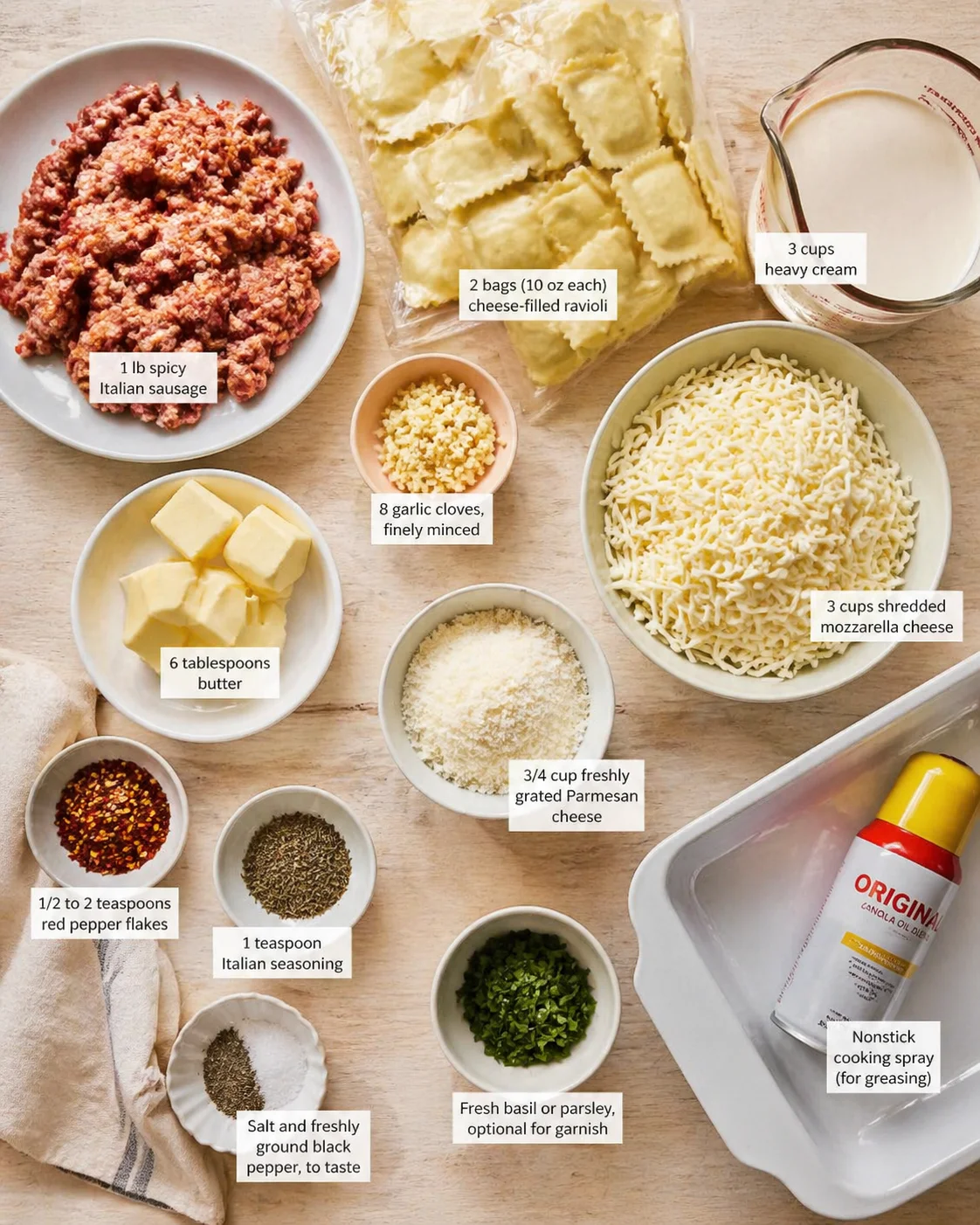 Measured ingredients arranged for Sausage Alfredo Ravioli Lasagna: 1 lb spicy Italian sausage (either ground or casings removed), 2 bags (10 oz each) prepared cheese-filled ravioli, any filling will work, 8 garlic cloves