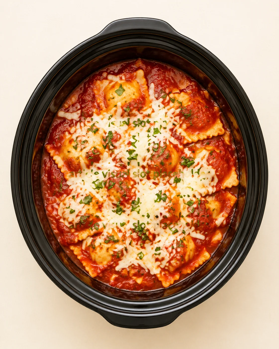Straight-down overhead view of Easy 4-Ingredient Crockpot Ravioli