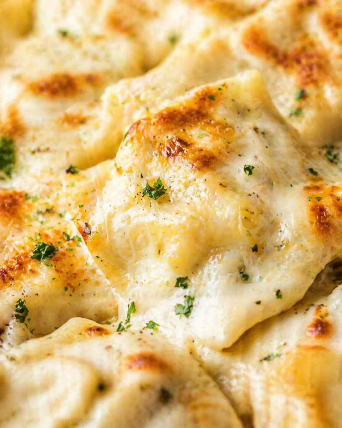 closing_final_dish-placeholder.png Tight detail shot of Cheesy Alfredo Ravioli Casserole highlighting texture
