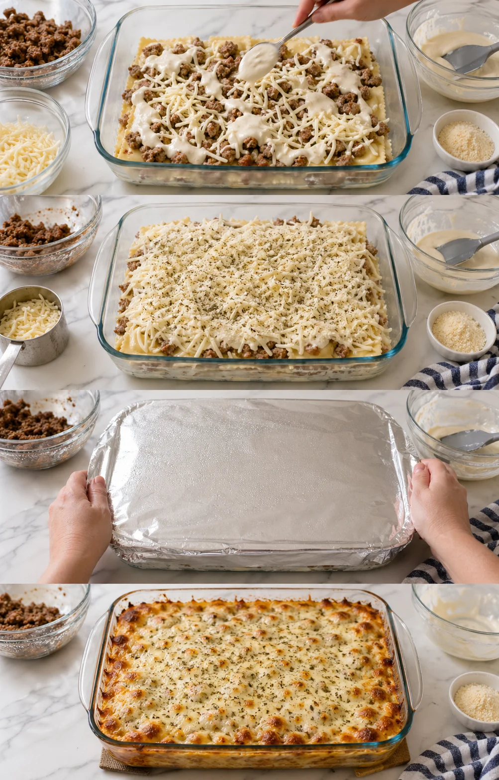 Baked lasagna casserole with melted, bubbly mozzarella and golden edges, sprinkled Parmesan visible.