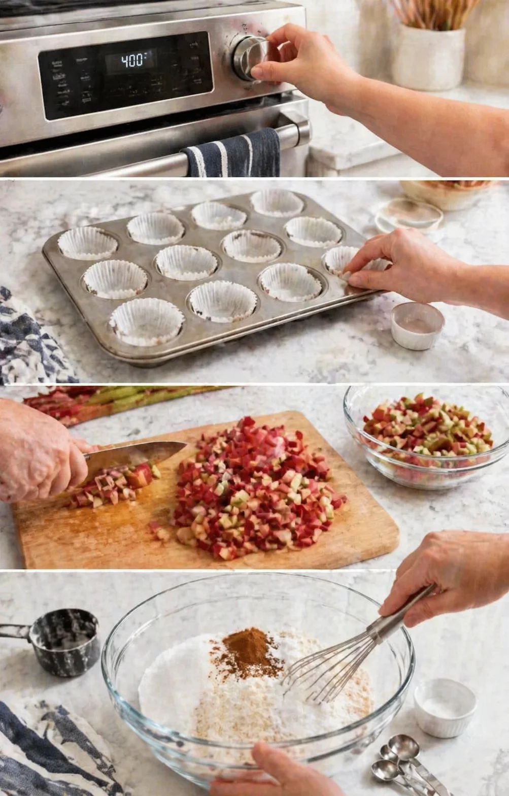 Lined muffin tin, diced rhubarb, and large bowl of whisked dry ingredients.