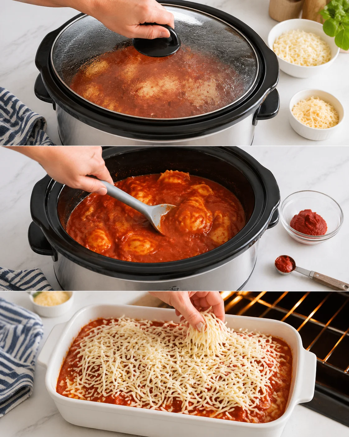 Oven-safe dish of ravioli topped with bubbly, golden melted mozzarella fresh from the broiler