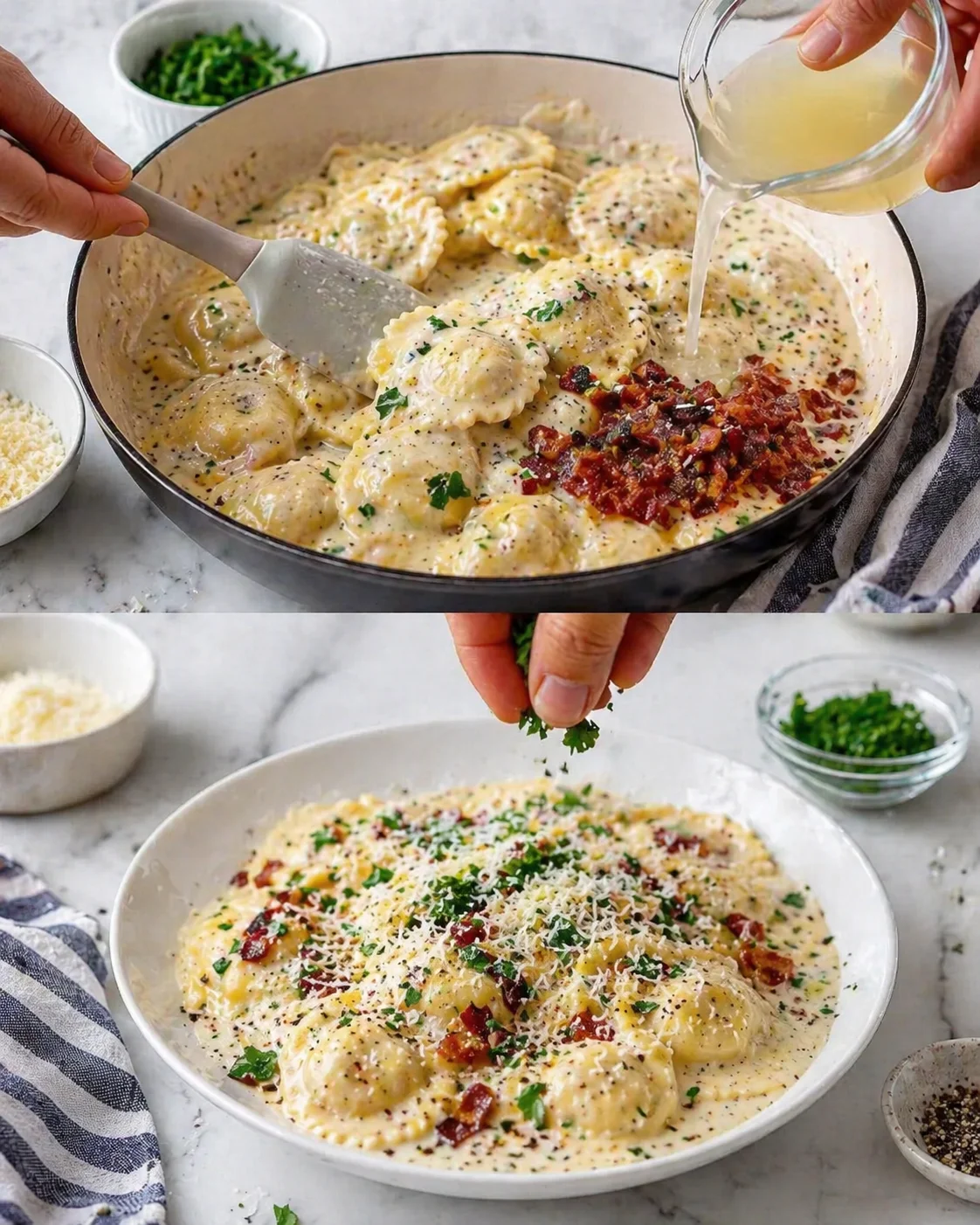 Ravioli being folded into sauce with pancetta, then plated and garnished with Parmesan and parsley.
