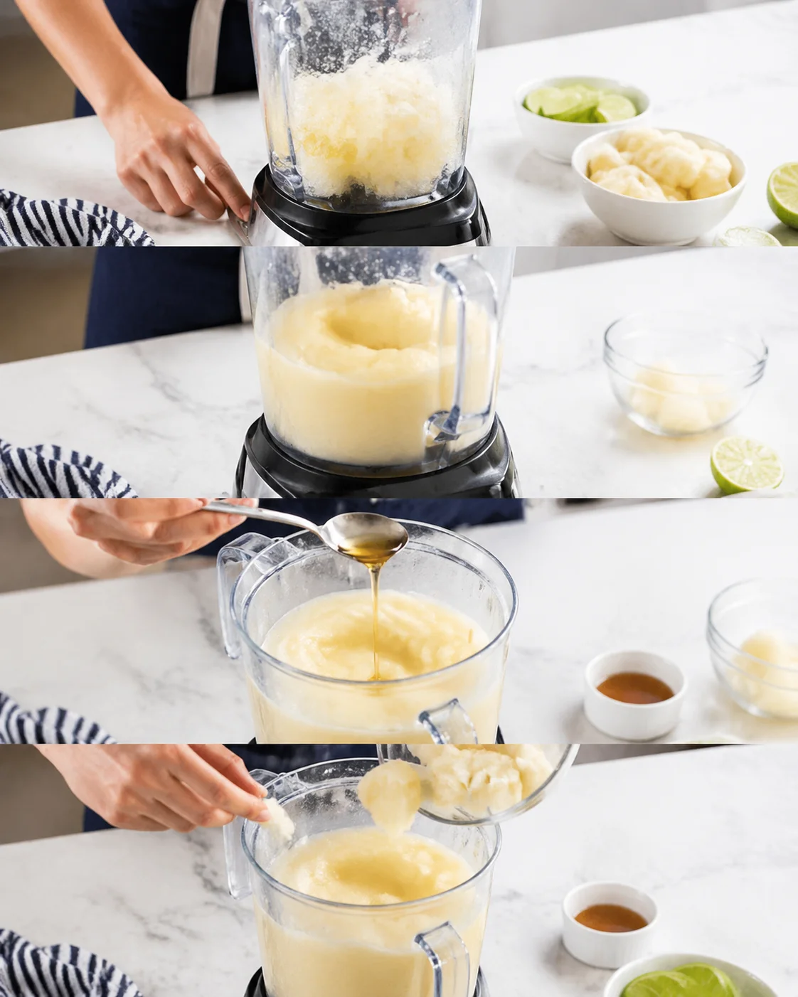 Blender mid-blend showing frosty, smooth margarita slush while syrup and extra ice sit nearby