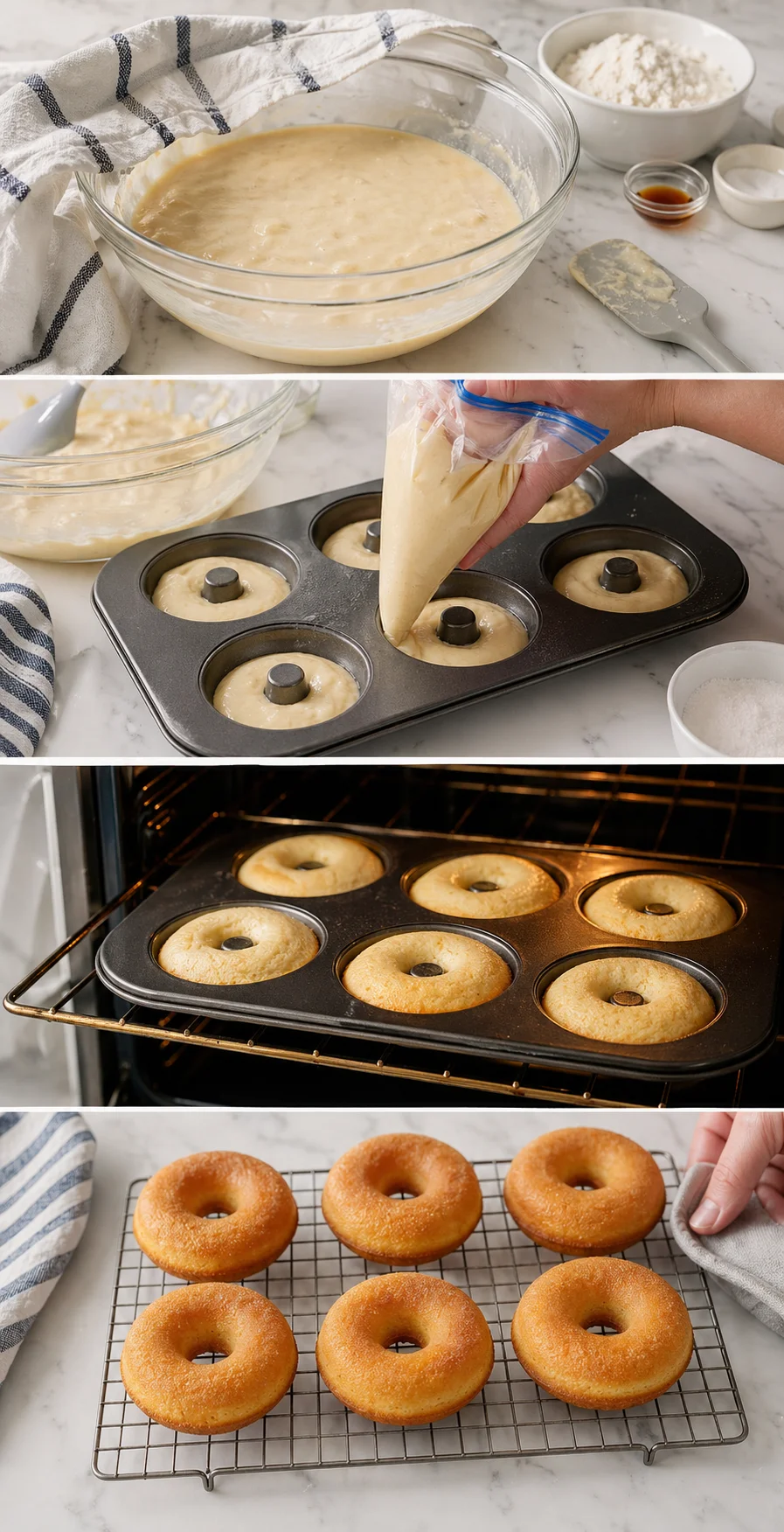 step-process-placeholder-5-8.png Piping smooth batter from a trimmed bag into greased donut pan cavities, filling about two-thirds full.