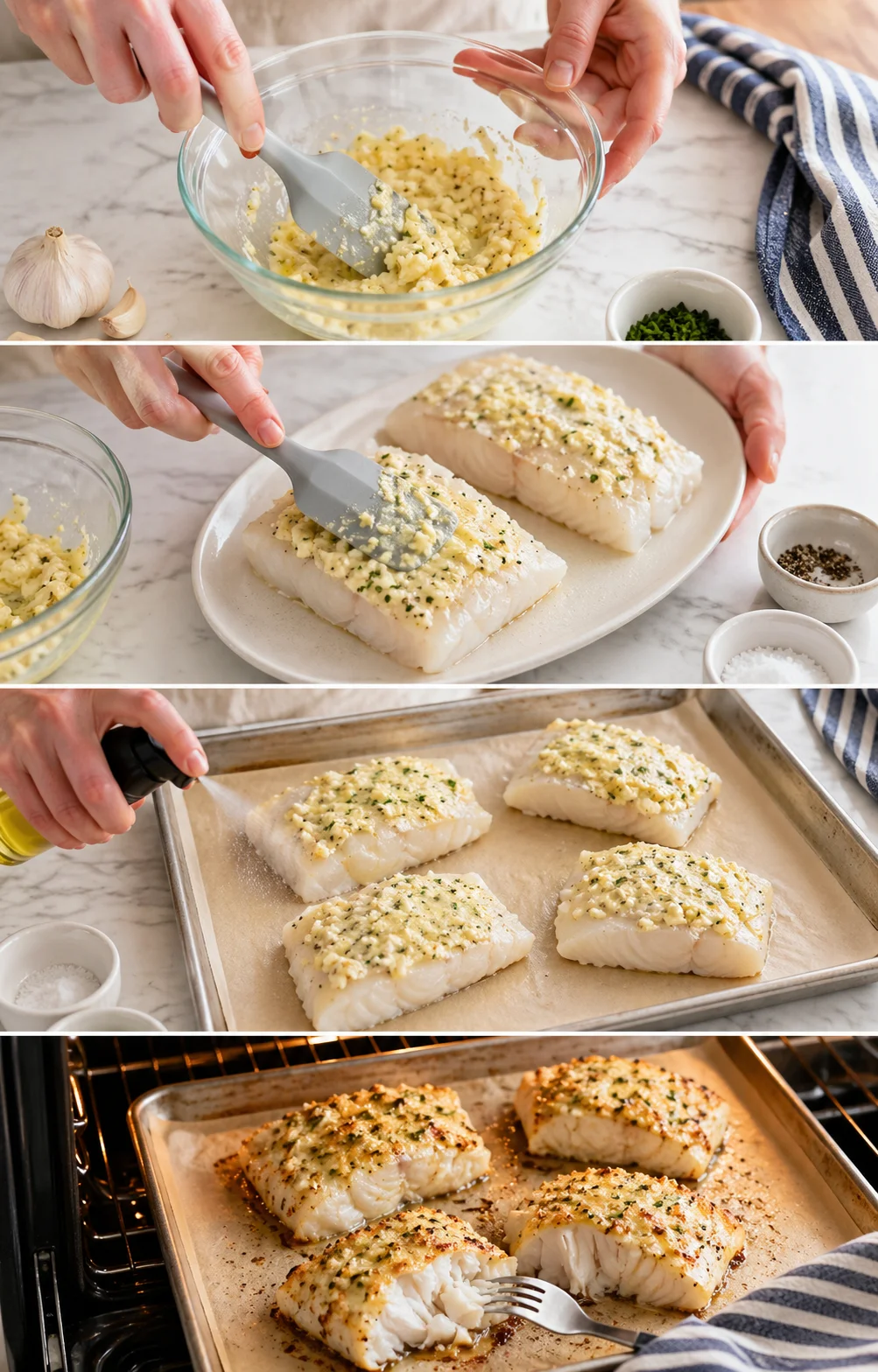 step-process-placeholder-5-8.png Spatula spreading garlic butter on cod fillet; other coated fillets arranged on greased baking sheet.