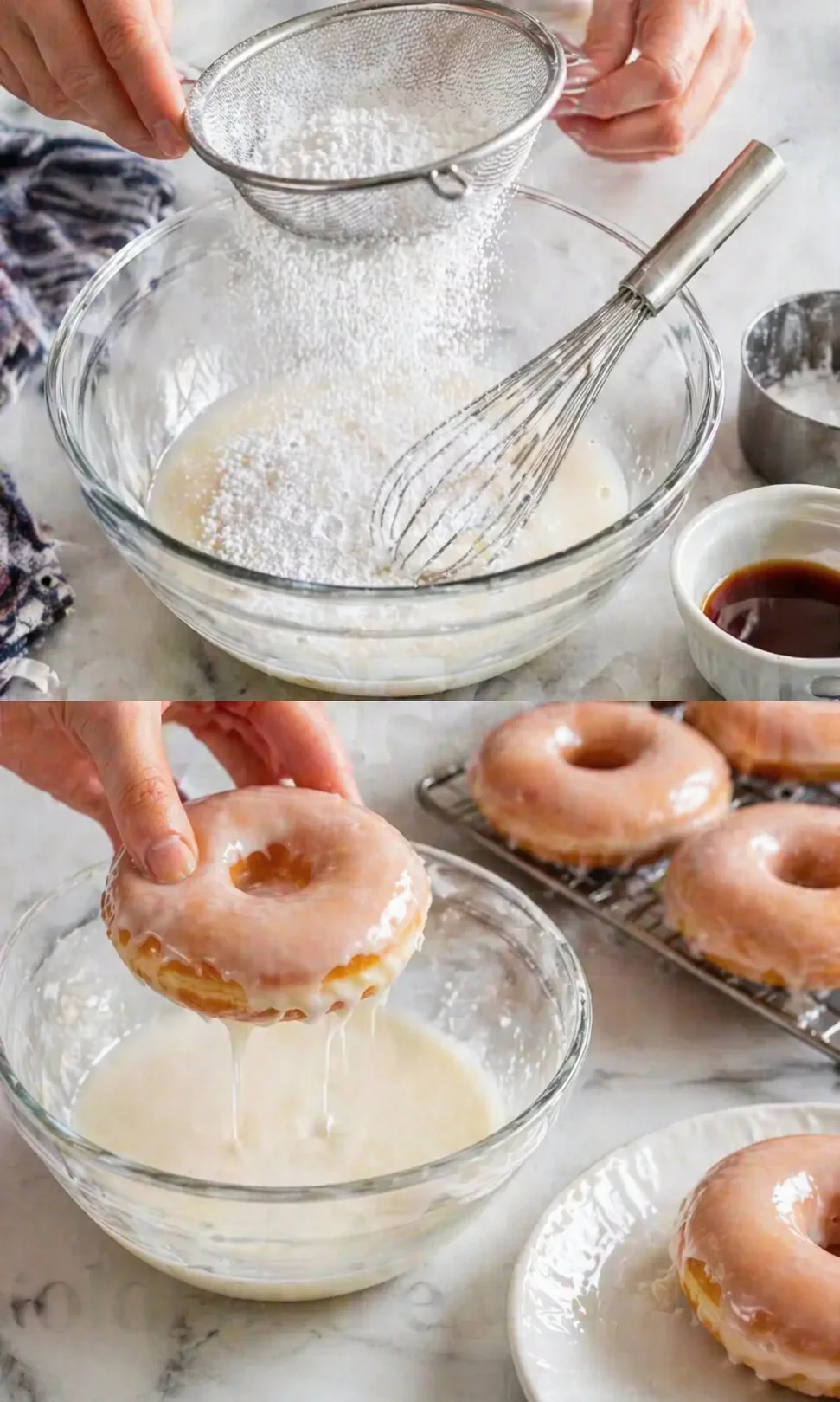step-process-placeholder-13-14.png Thick glossy glaze being whisked in bowl and warm donuts dipped onto wire rack