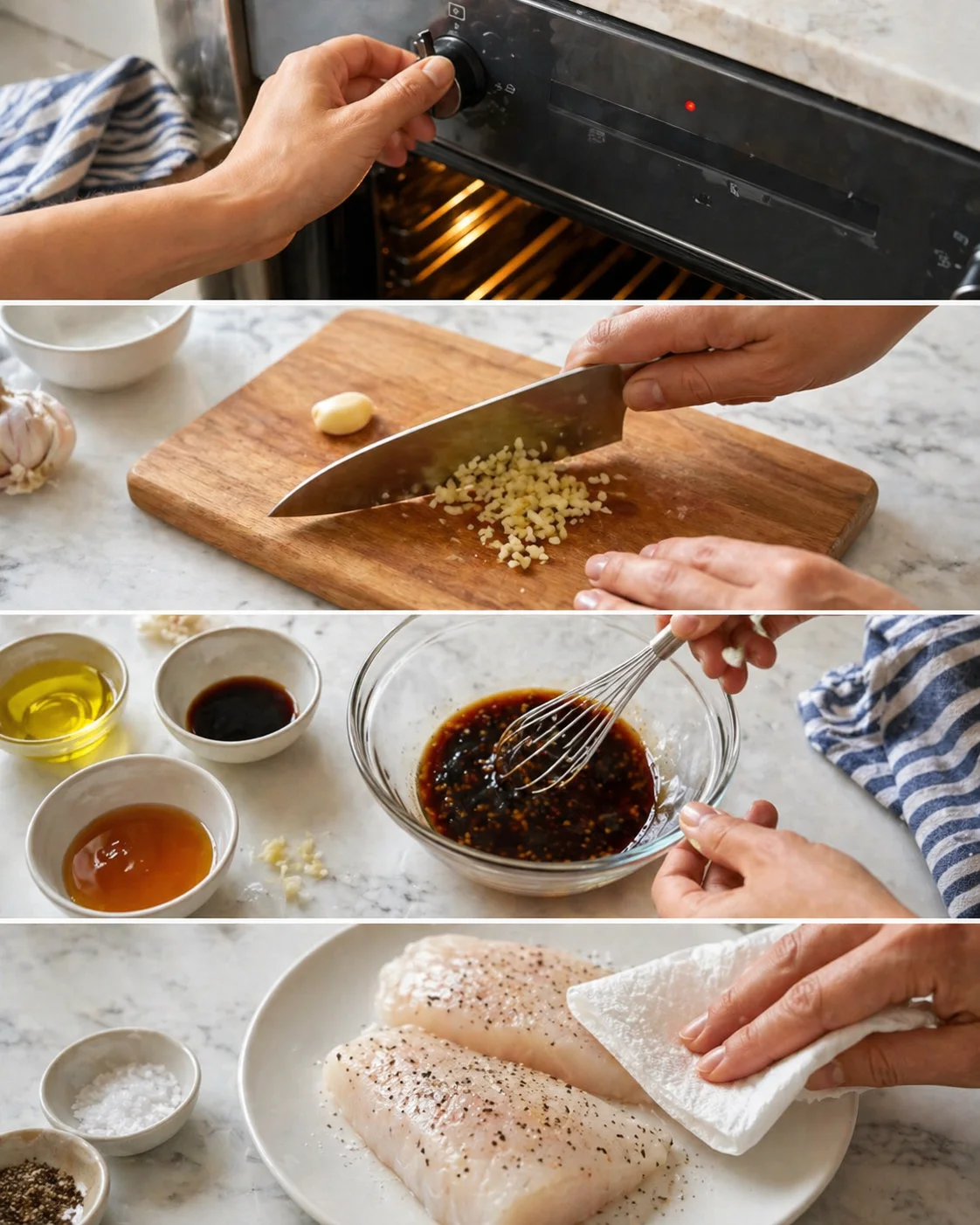 Whisking honey‑soy marinade next to minced garlic and paper‑towel‑dried, seasoned cod fillets.