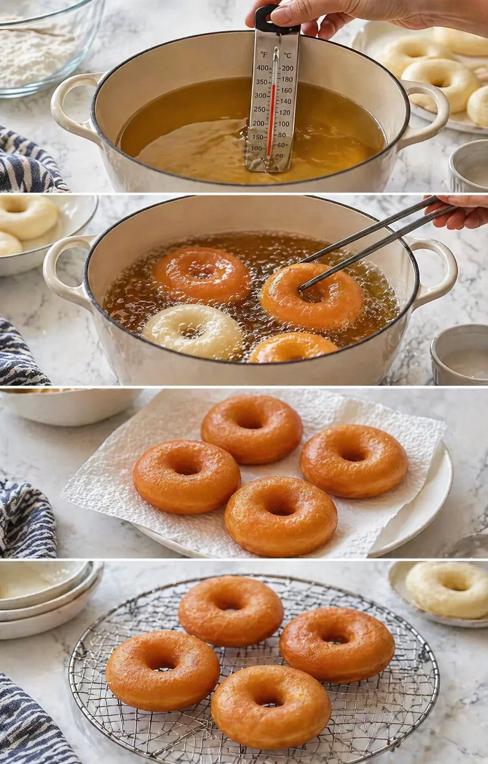 Donuts frying in hot oil until golden, then resting on paper towels to drain and cool.