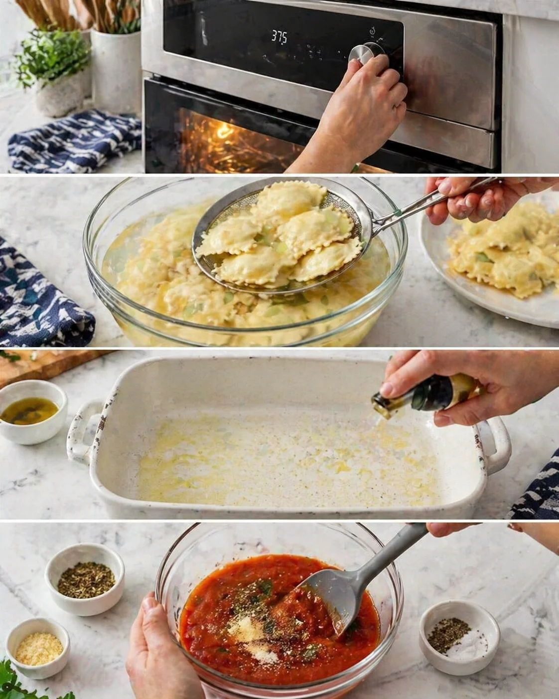 step-process-placeholder-1-4.png Oven display set to 375°F next to greased baking dish and seasoned marinara bowl.