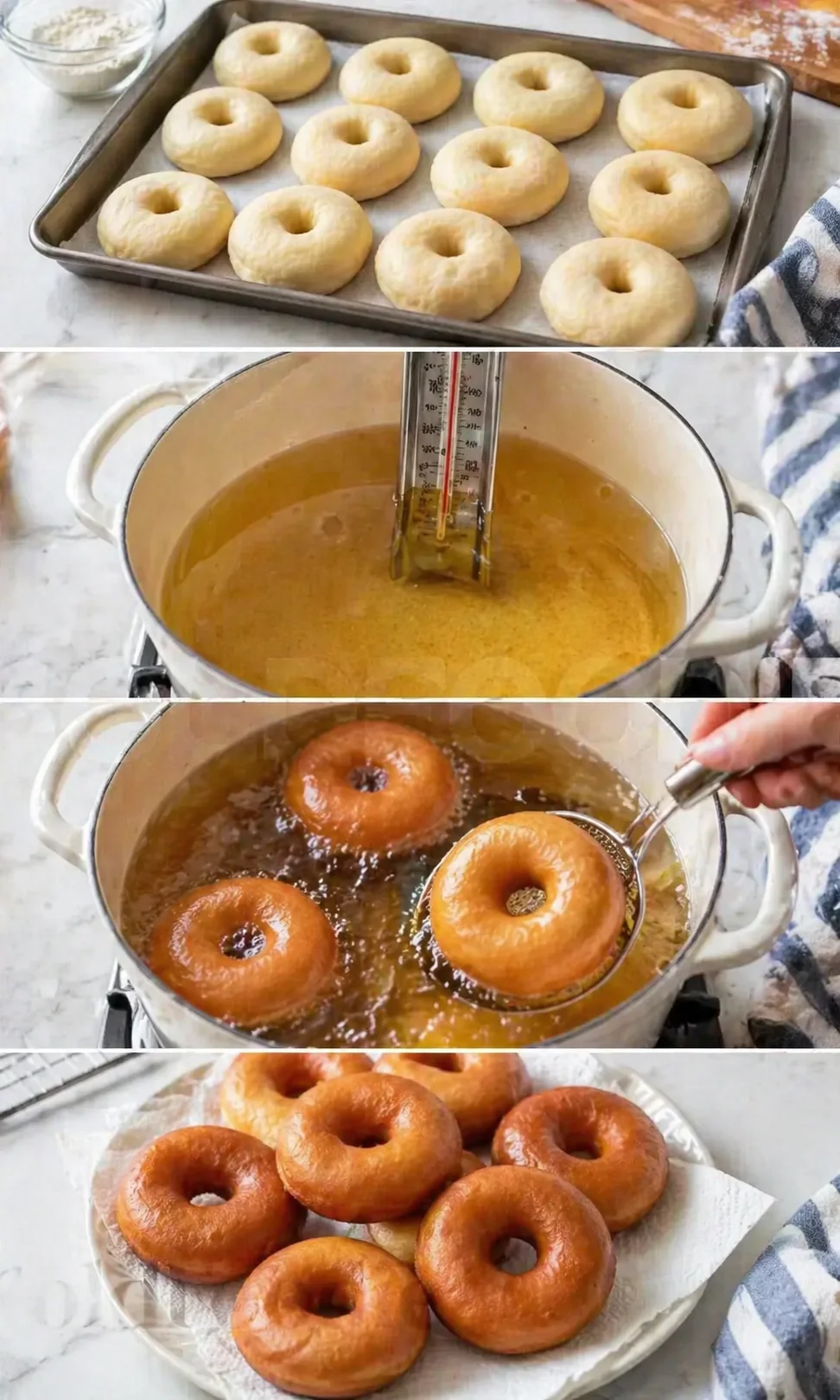 step-process-placeholder-9-12.png Donuts frying in hot oil, golden edges visible, drained on paper towels beside pot