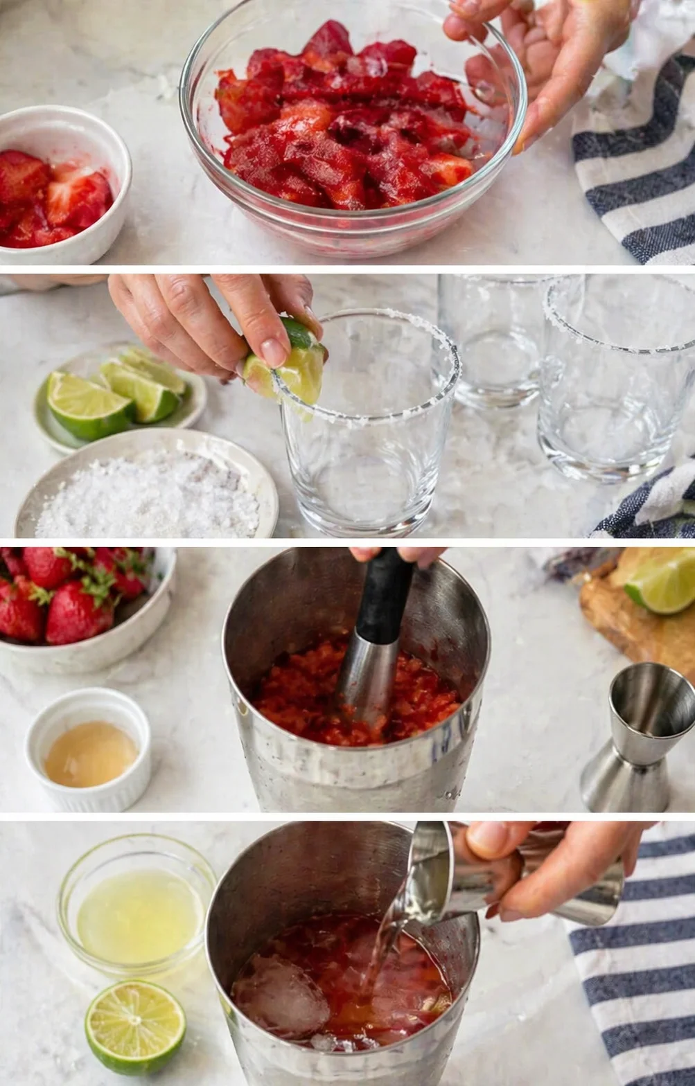 Hand rimming a glass with lime and tequila salt, muddled strawberries and a shaker with ice.