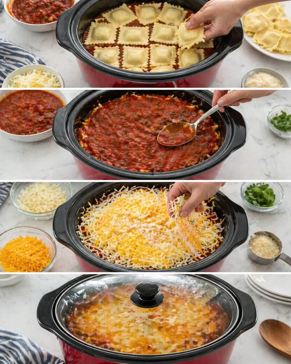 step-process-placeholder-9-12.png Top of assembled ravioli and sauce in crockpot evenly sprinkled with three shredded cheeses
