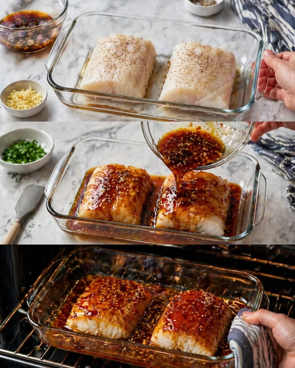 Marinade being poured over cod fillets arranged in a baking dish, fish glistening with sauce.