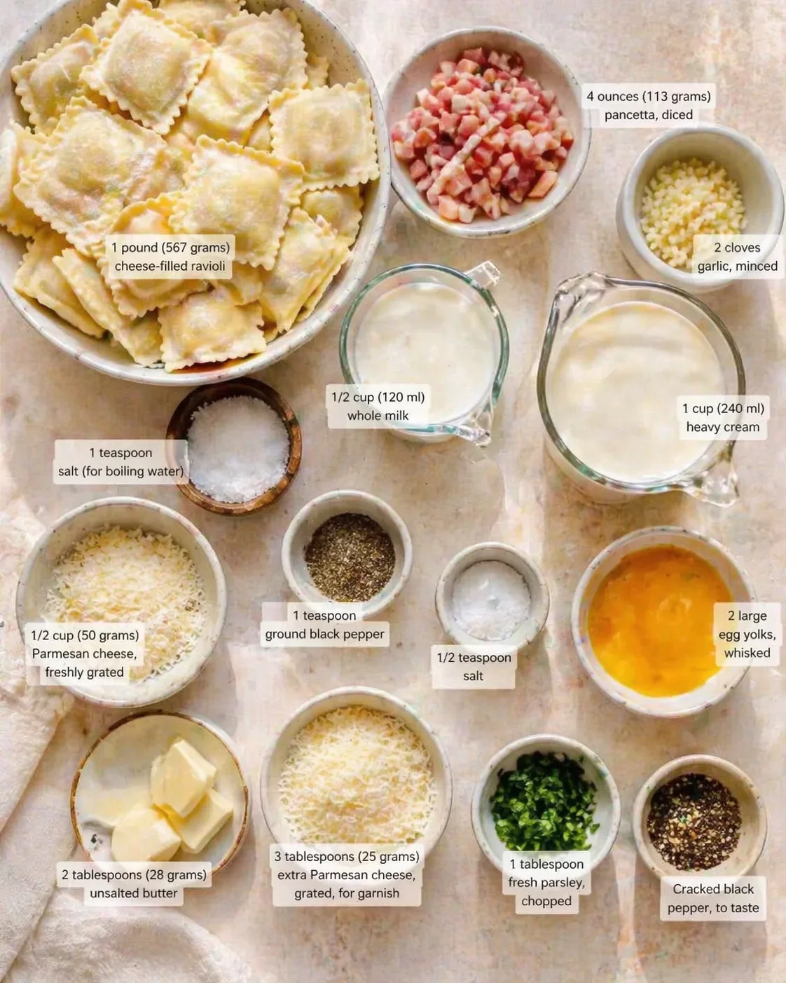 Measured ingredients arranged for Irresistible Olive Garden Ravioli Carbonara – Creamy & Delicious: 1 pound (567 grams) cheese-filled ravioli, fresh or frozen, 1 teaspoon salt (for boiling water), 4 ounces (113 grams) pa