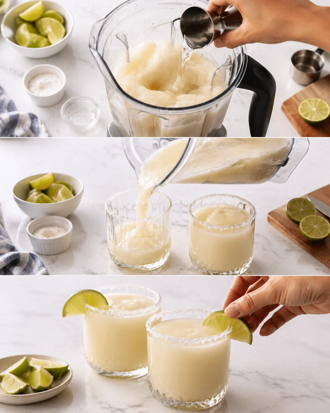Pouring creamy margarita from blender into salt-rimmed glasses, each finished with a lime wedge garnish