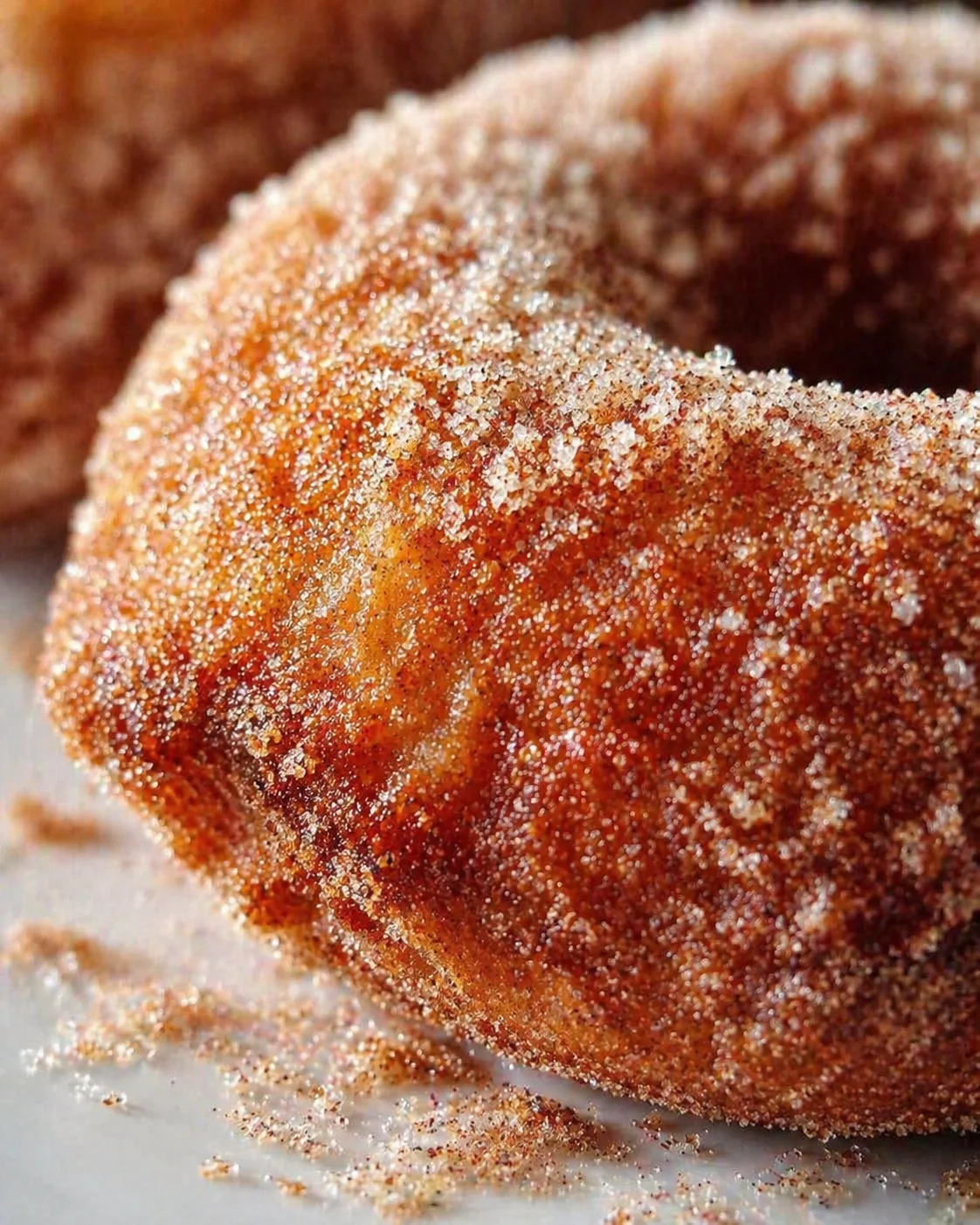 Tight detail shot of Irresistible Apple Cider Donuts With Cinnamon Sugar Crust highlighting texture