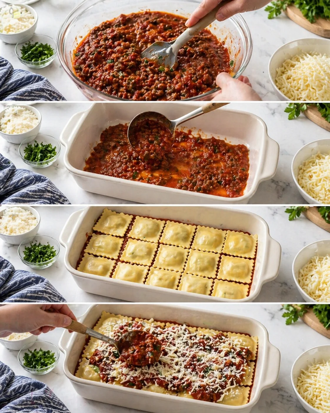 step-process-placeholder-5-8.png Thin sauce layer spread in pan with a single layer of ravioli topped with shredded cheeses.