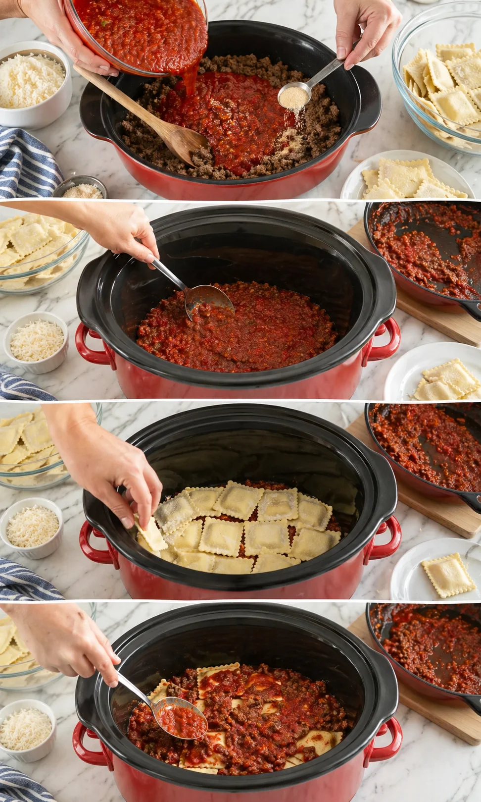 step-process-placeholder-5-8.png Hand arranging frozen ravioli in crockpot over a thin layer of meat sauce