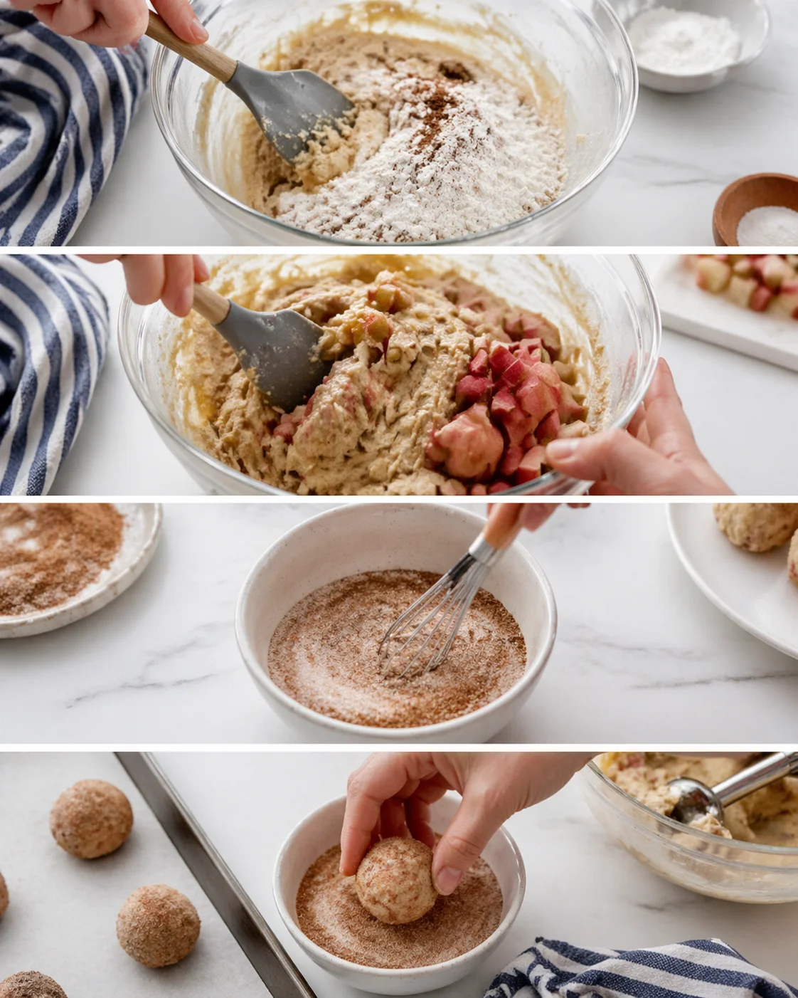 Step-by-step montage of mixing batter, adding apples, and shaping cinnamon-sugar cookie bites.
