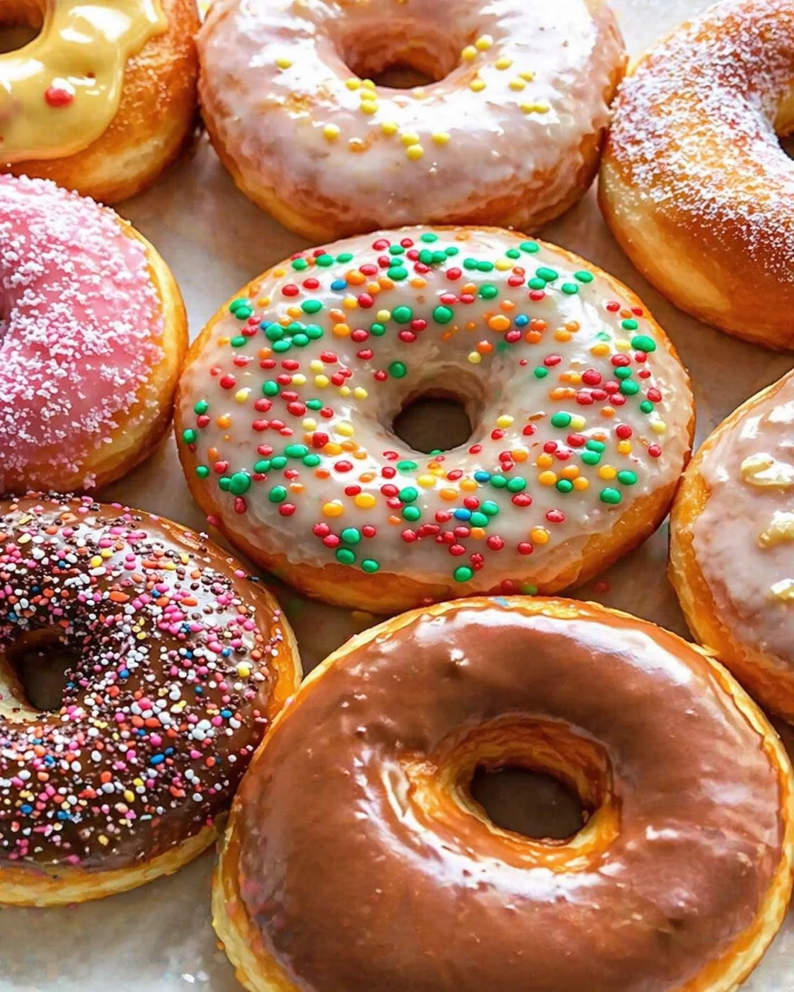 Close-up of colorful donuts with glossy icing and rainbow sprinkles on parchment.
