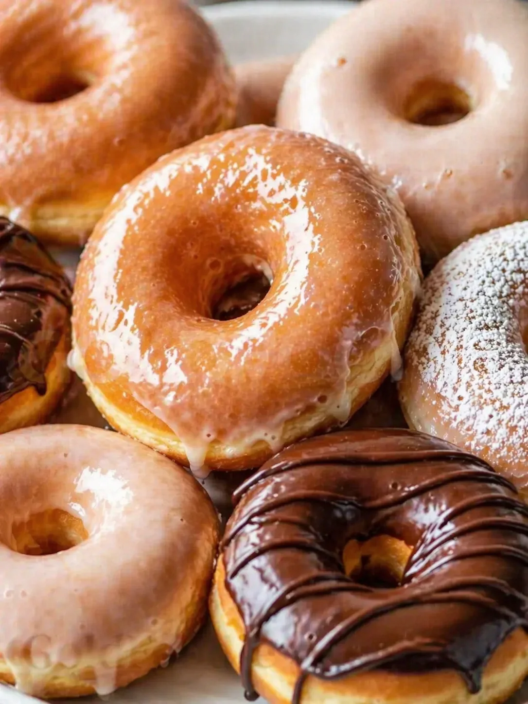 Close-up of assorted glazed and chocolate-dipped donuts piled together on a light plate.