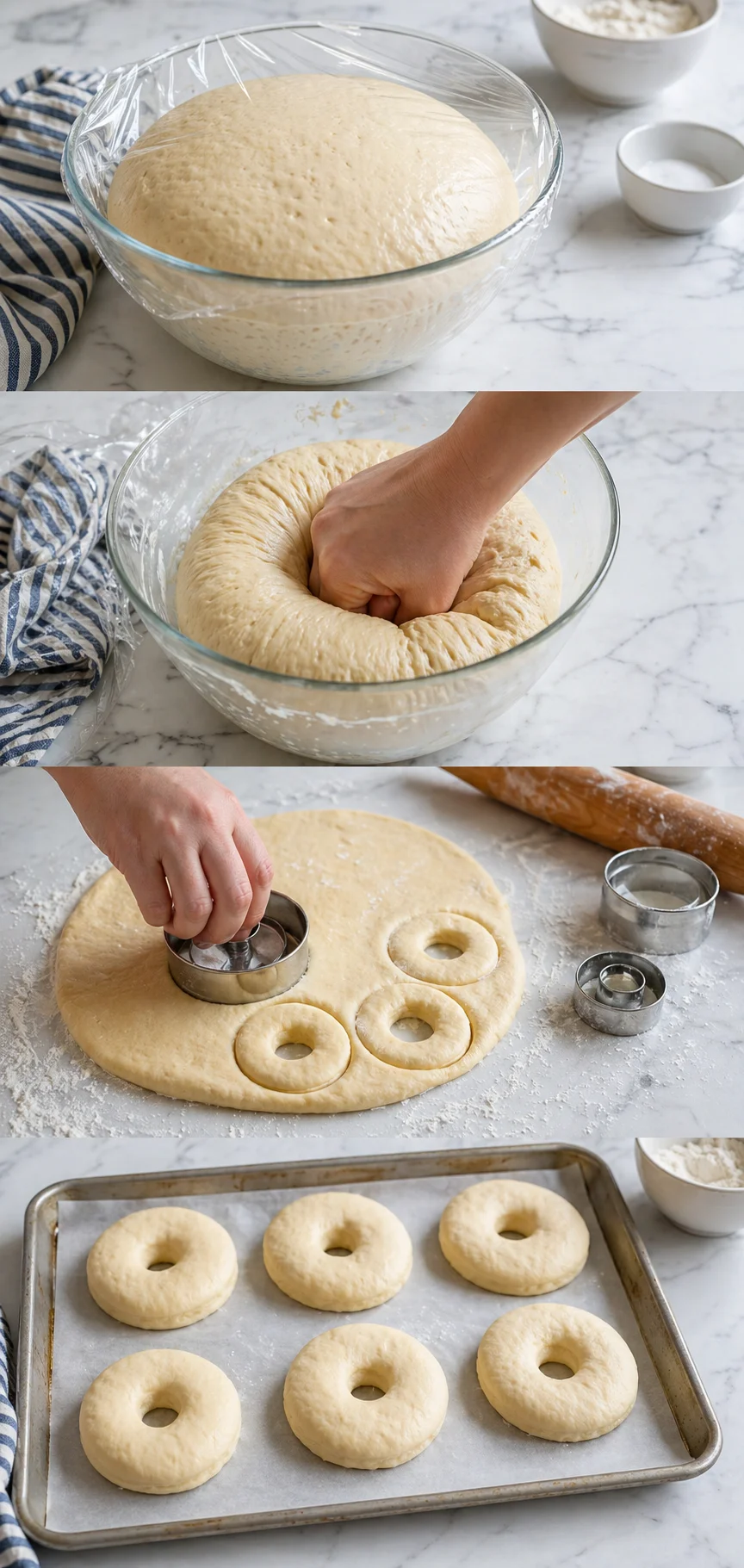 step-process-placeholder-5-8.png Hands using donut cutter on rolled dough, cut rounds resting on tray, proofing