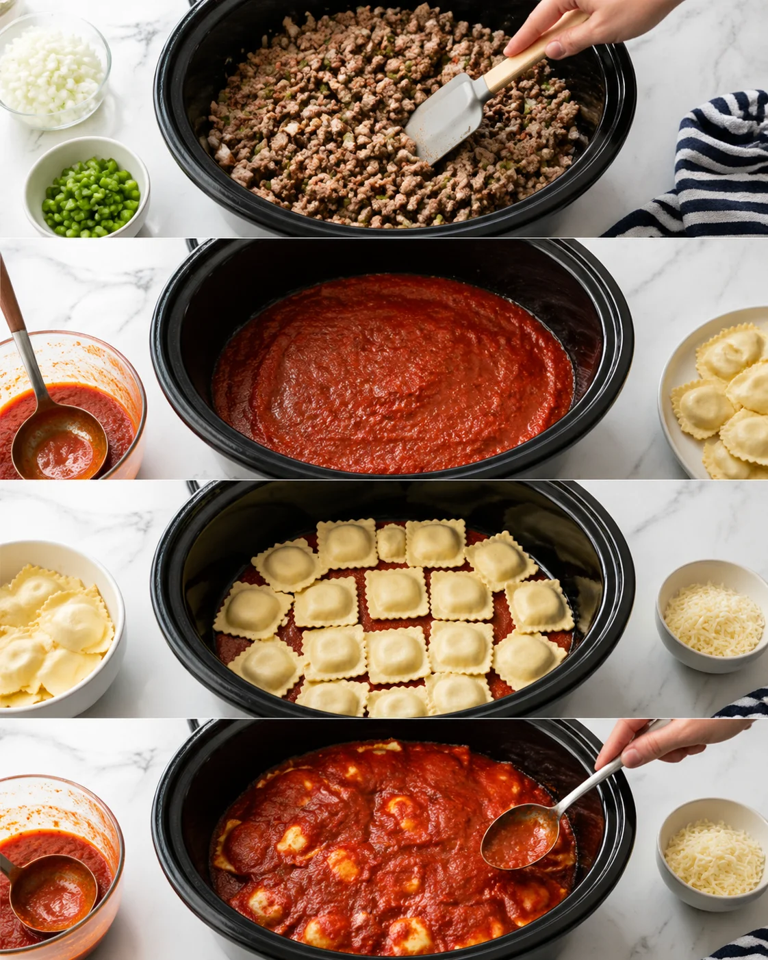 Browned sausage and sautéed vegetables beside crockpot; marinara spread and ravioli being spooned with sauce