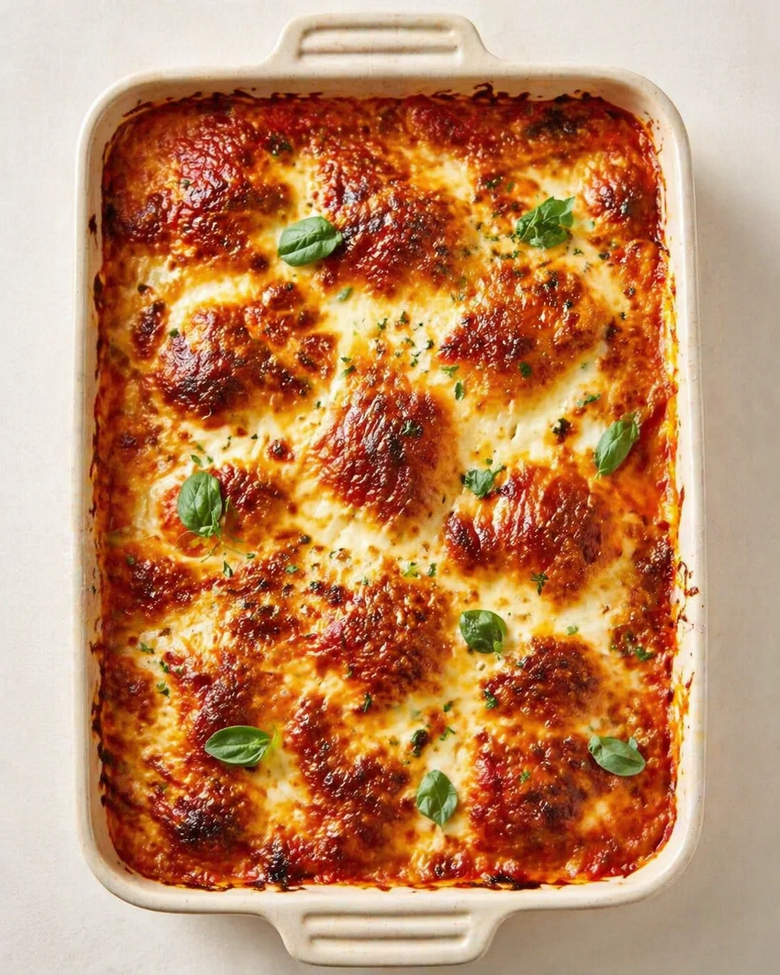 golden-brown lasagna with basil in a white casserole dish on a light surface