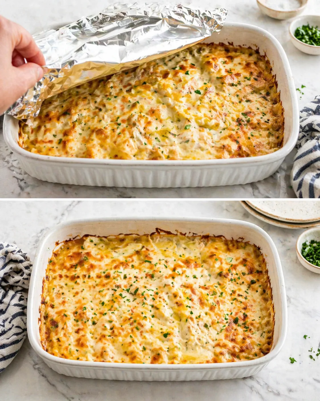 white casserole dish of baked macaroni and cheese with a golden crust, being unveiled from foil