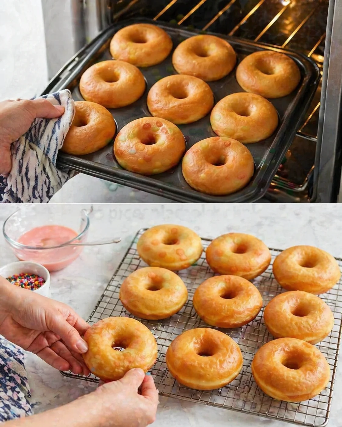 Golden baked donuts with holes cooling on a tray and rack, pink glaze and rainbow sprinkles nearby.