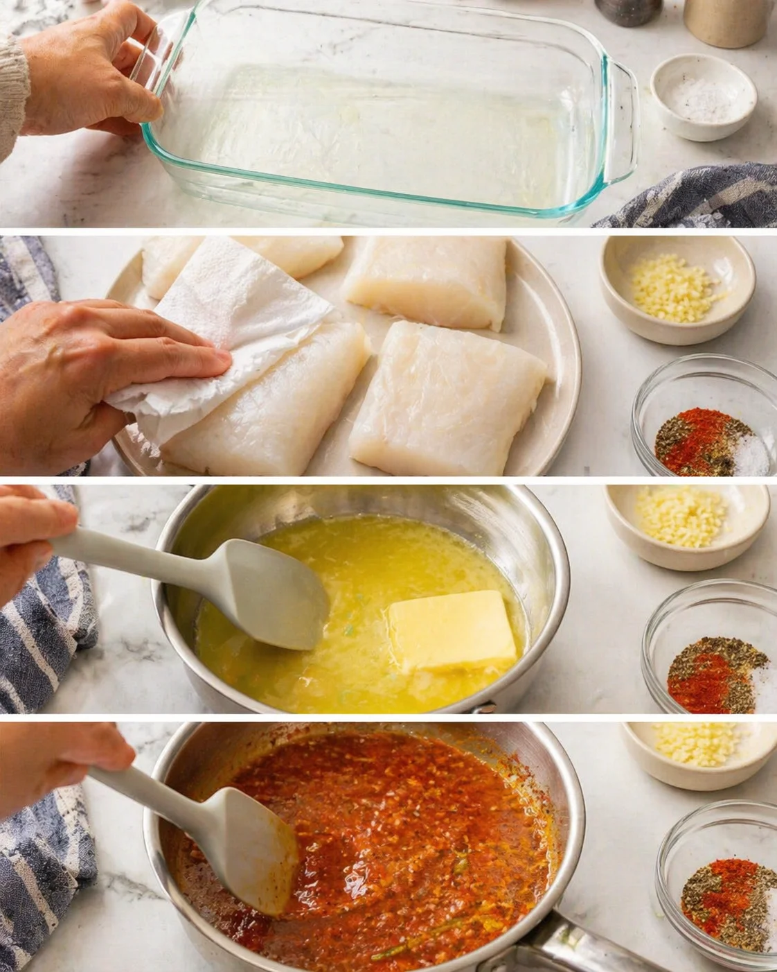 collage of step-by-step fish prep: dish, raw fillets, butter sauce, and tomato sauce