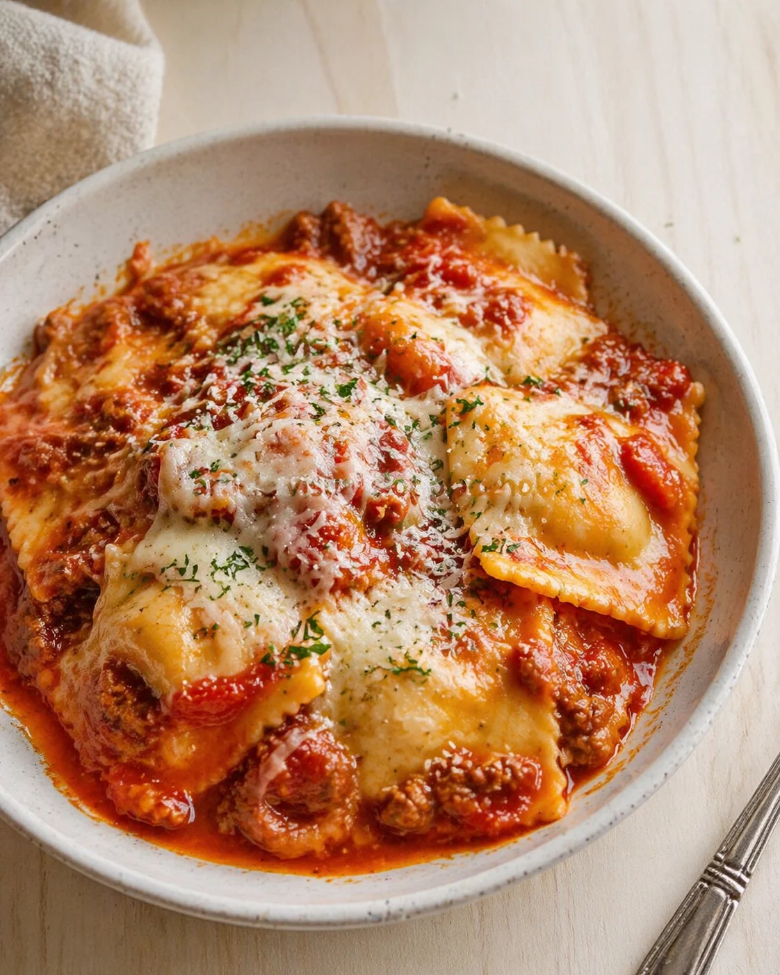 Rustic ceramic bowl of lasagna with bubbling tomato sauce and melted cheese, garnished with herbs, on a light wooden table.
