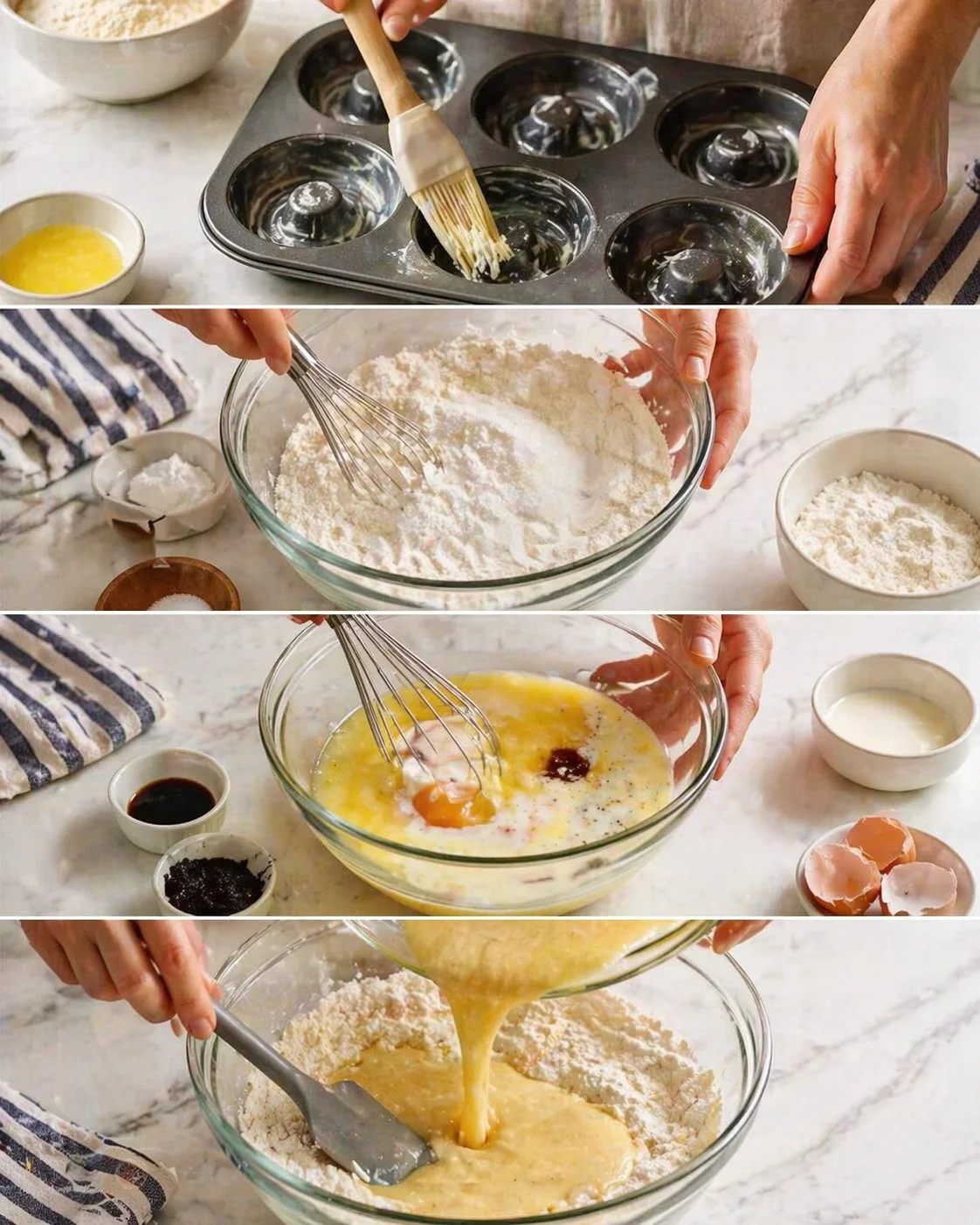 Four-panel collage of muffin-batter-preparation steps: greasing tins, whisking dry ingredients, beating eggs, and pouring batter.