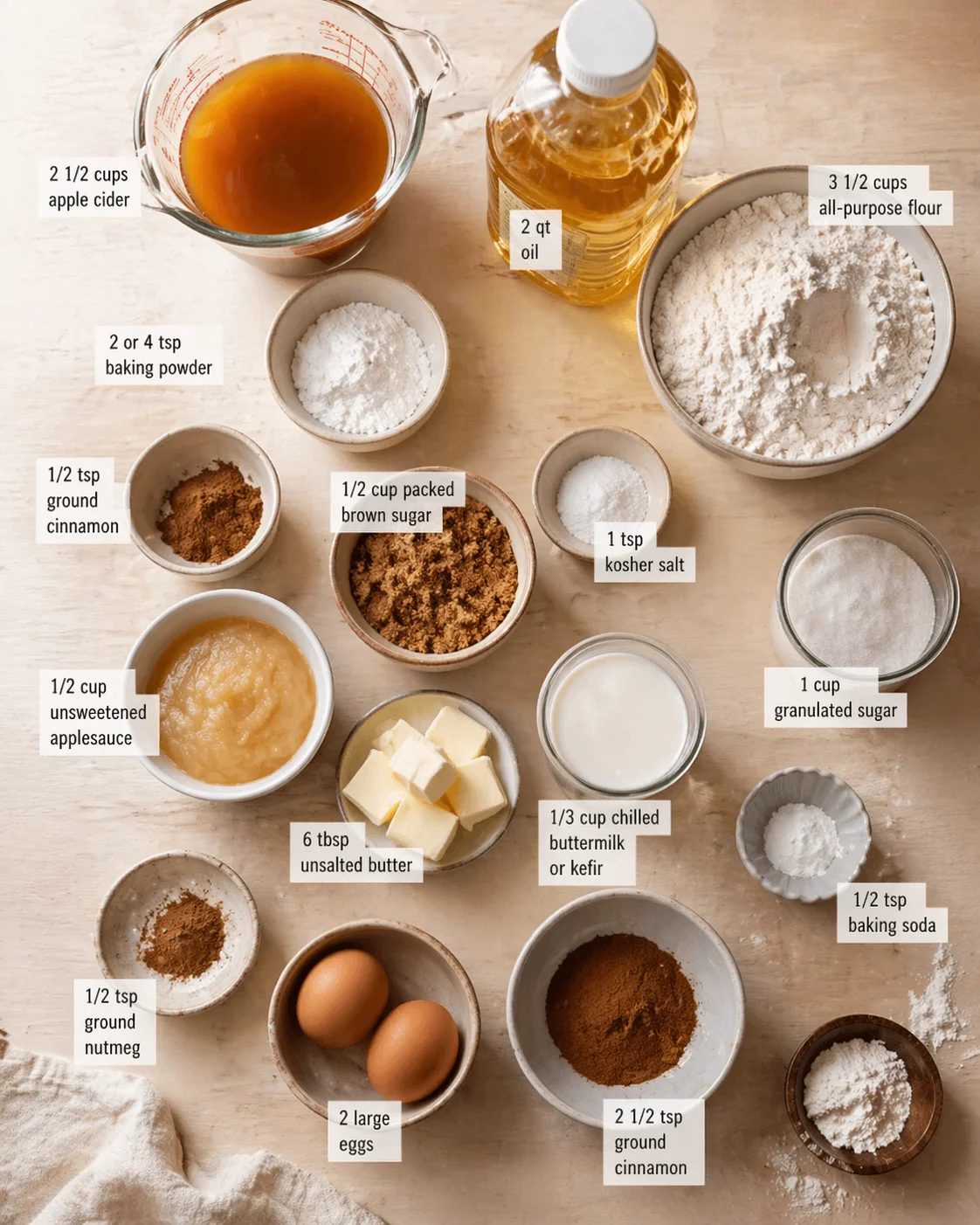 Top-down view of labeled baking ingredients arranged on a wooden surface for a recipe